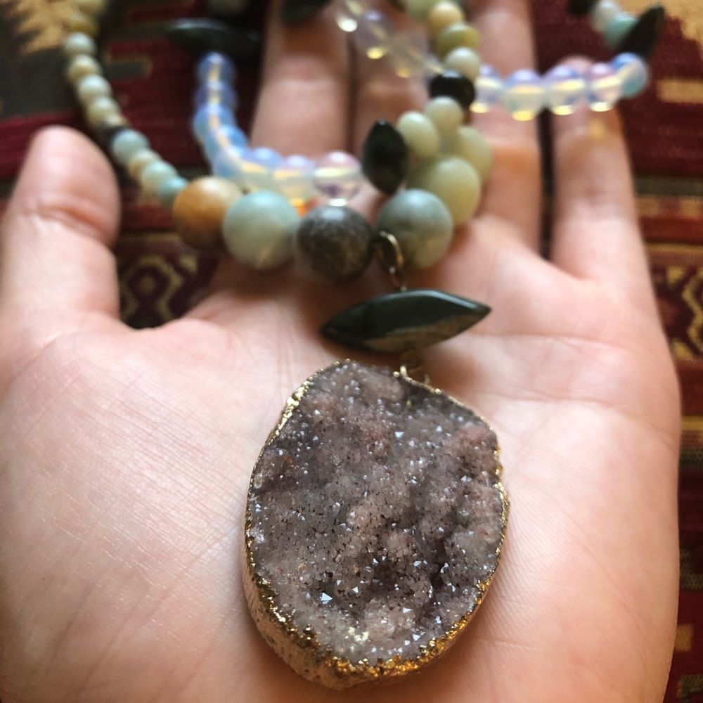 Druzy pendant on mixed gemstone long necklace